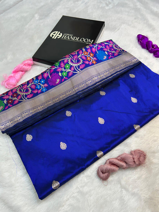 Royal Blue Handloom Pure Katan Silk Saree with Intricate light gold Zari and Multi-Colored Meenakari Floral Weave