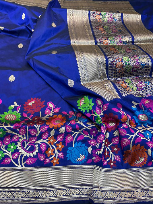 Royal Blue Handloom Pure Katan Silk Saree with Intricate light gold Zari and Multi-Colored Meenakari Floral Weave