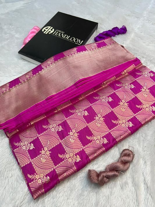 Magenta (Rani Pink) Pure Katan Silk Banarasi Handloom Saree with Allover Jungla Cutwork & Gold Zari Checks