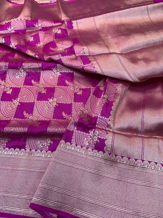 Magenta (Rani Pink) Pure Katan Silk Banarasi Handloom Saree with Allover Jungla Cutwork & Gold Zari Checks