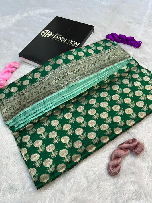 Emerald Green Pure Katan Silk Banarasi Handloom Saree with Silver Zari Floral Cutwork (Fekwa)