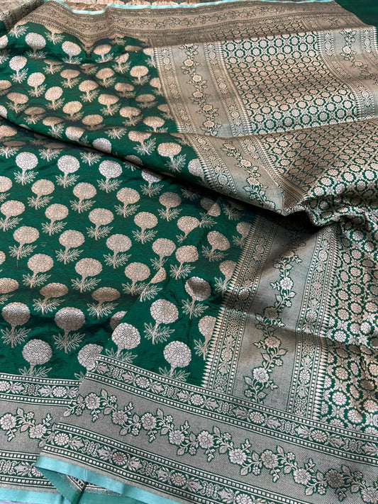 Emerald Green Pure Katan Silk Banarasi Handloom Saree with Silver Zari Floral Cutwork (Fekwa)
