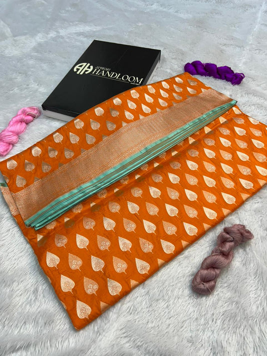 Vibrant Orange Pure Katan Silk Banarasi Handloom Saree with Silver Zari Leaf Buta & Geometric Border