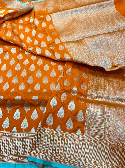 Vibrant Orange Pure Katan Silk Banarasi Handloom Saree with Silver Zari Leaf Buta & Geometric Border