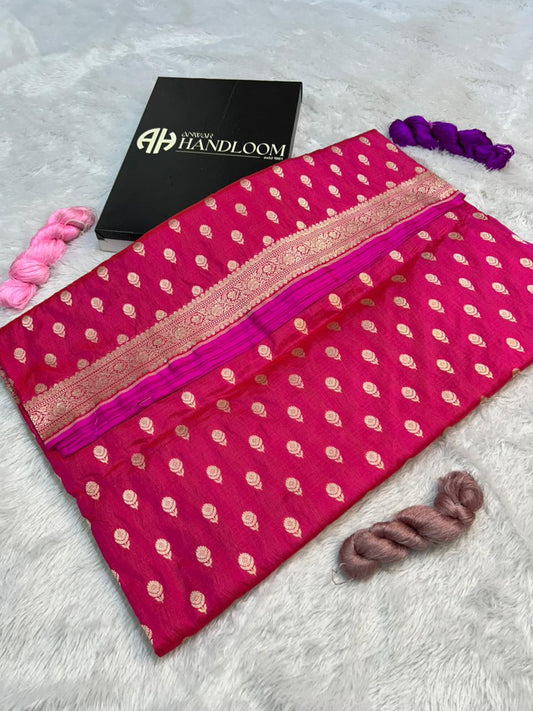 Ruby Pink Pure Katan Silk Banarasi Handloom Saree with Gold Zari Floral Buti