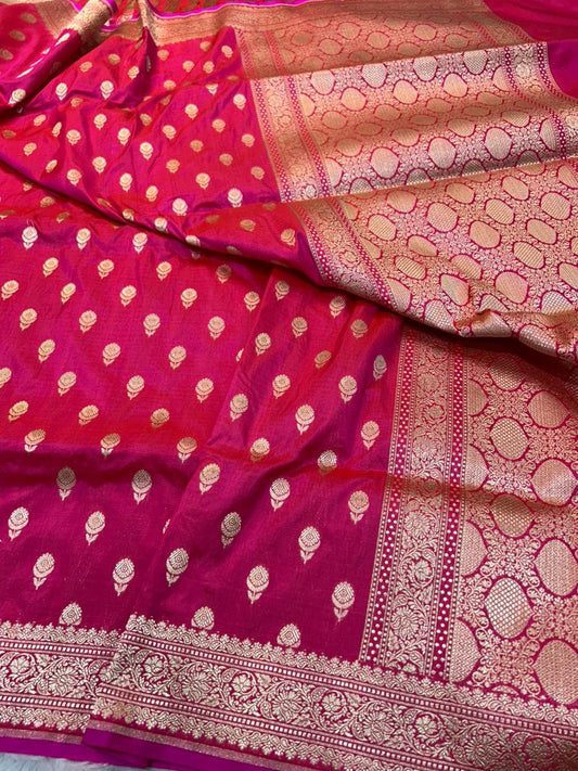 Ruby Pink Pure Katan Silk Banarasi Handloom Saree with Gold Zari Floral Buti