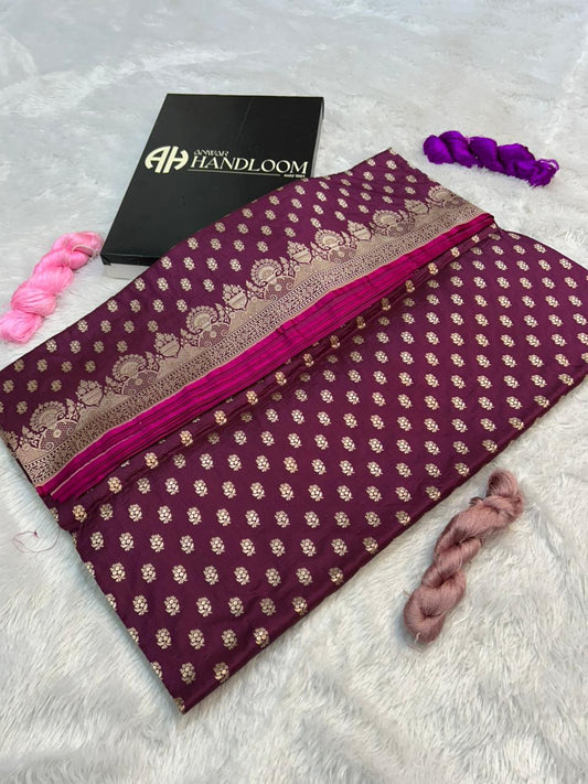 Royal Wine Pure Katan Silk Banarasi Saree with Gold Zari Buti & Heritage Arch Border