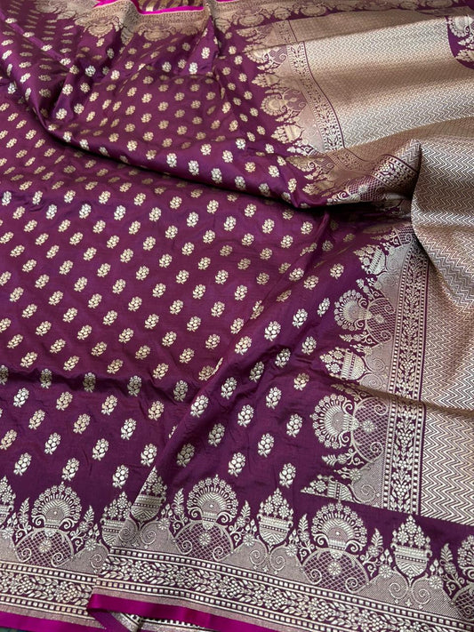 Royal Wine Pure Katan Silk Banarasi Saree with Gold Zari Buti & Heritage Arch Border