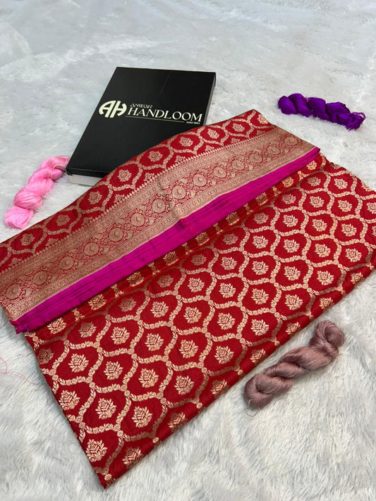 Crimson Red Pure Katan Silk Banarasi Handloom Saree with Allover Gold Zari Jungla Jaal