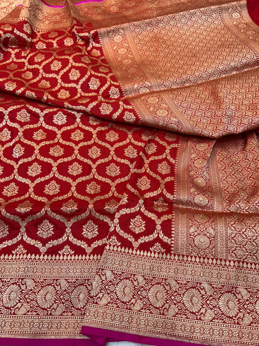 Crimson Red Pure Katan Silk Banarasi Handloom Saree with Allover Gold Zari Jungla Jaal
