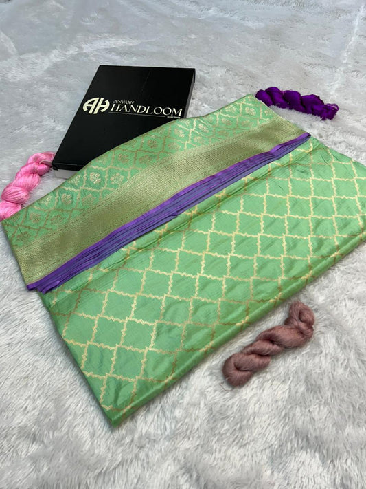 Parrot Green Pure Katan Silk Banarasi Saree with Silver Zari Geometric Jaal & Chevron Border