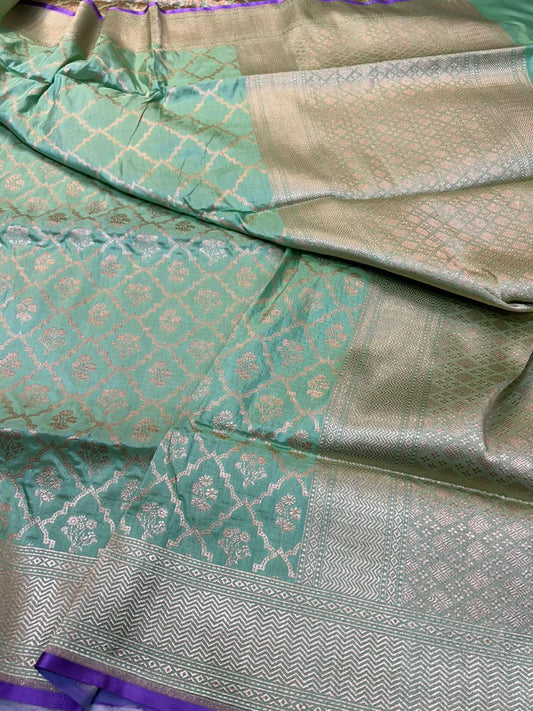 Parrot Green Pure Katan Silk Banarasi Saree with Silver Zari Geometric Jaal & Chevron Border