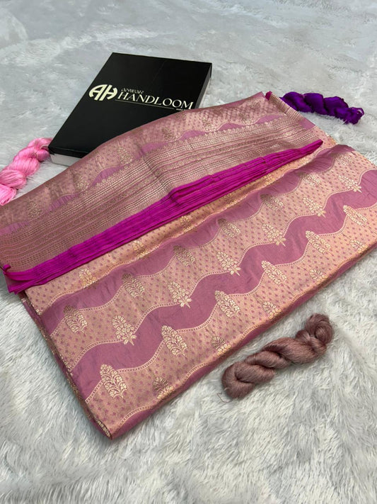 Onion Pink Pure Katan Silk Banarasi Handloom Saree with Gold Zari Leheriya Design