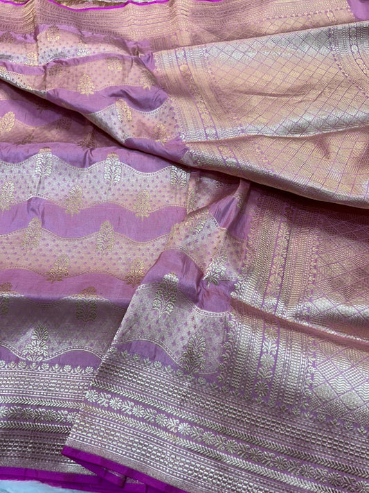 Onion Pink Pure Katan Silk Banarasi Handloom Saree with Gold Zari Leheriya Design