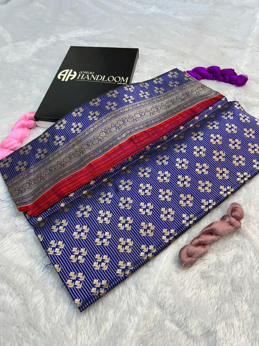 Royal Blue Pure Katan Silk Banarasi Saree with Silver Zari Pinstripes & Floral Buti