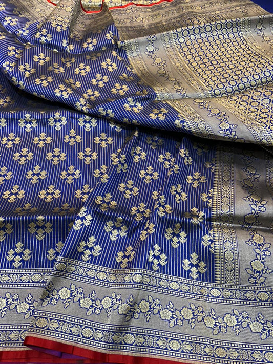 Royal Blue Pure Katan Silk Banarasi Saree with Silver Zari Pinstripes & Floral Buti