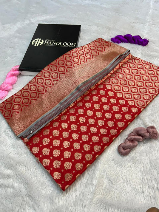 Crimson Red Pure Katan Silk Banarasi Saree with Gold Zari Geometric Jaal & Chevron Border