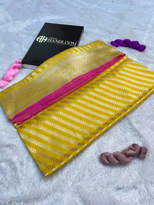 Bright Yellow Pure Katan Silk Banarasi Saree with Silver Zari Diagonal Creeper
