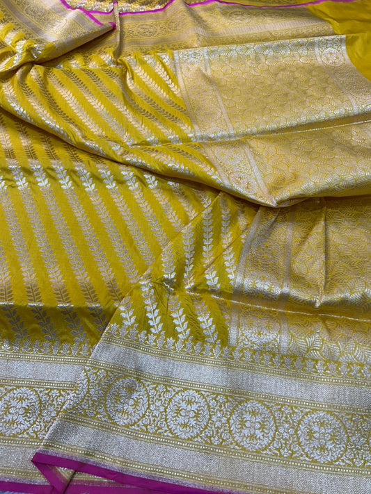 Bright Yellow Pure Katan Silk Banarasi Saree with Silver Zari Diagonal Creeper