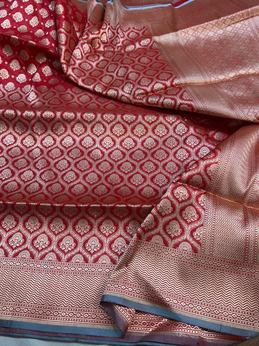 Crimson Red Pure Katan Silk Banarasi Saree with Gold Zari Geometric Jaal & Chevron Border