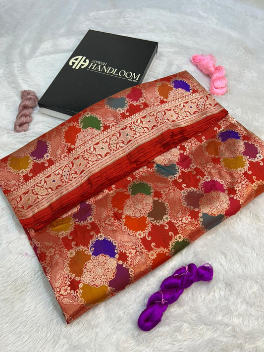 Bridal Red Pure Katan Silk Banarasi Handloom Saree in Rungkaat Style with Multi-Color Meenakari Jaal