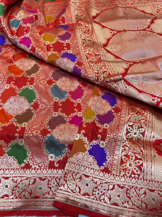 Bridal Red Pure Katan Silk Banarasi Handloom Saree in Rungkaat Style with Multi-Color Meenakari Jaal