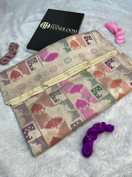 Pastel Multi-Color Pure Katan Silk Banarasi Handloom Rungkaat Saree with Geometric Jaal