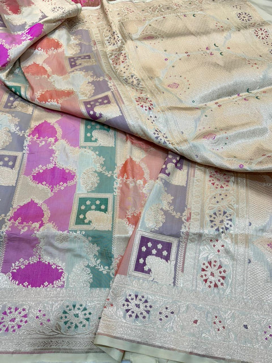 Pastel Multi-Color Pure Katan Silk Banarasi Handloom Rungkaat Saree with Geometric Jaal