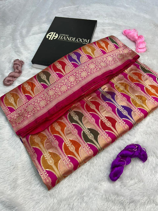 Magenta Pure Katan Silk Banarasi Handloom Rungkaat Saree with Multi-Color Vertical Arches