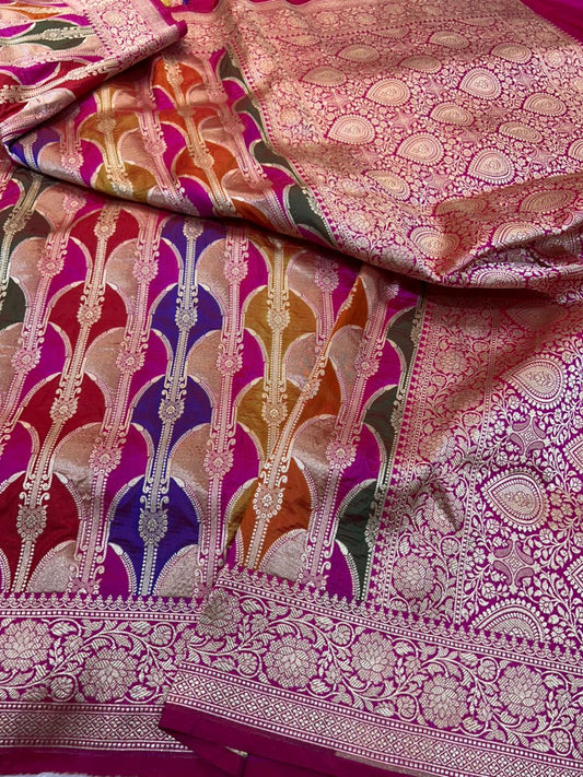 Magenta Pure Katan Silk Banarasi Handloom Rungkaat Saree with Multi-Color Vertical Arches