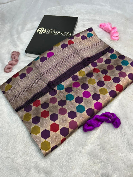 Royal Purple Pure Katan Silk Banarasi Handloom Rungkaat Saree with Geometric Honeycomb Jaal