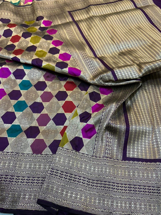 Royal Purple Pure Katan Silk Banarasi Handloom Rungkaat Saree with Geometric Honeycomb Jaal