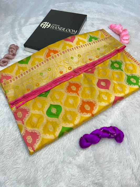 Bright Yellow Pure Katan Silk Banarasi Rungkaat Saree with Multi-Color Meenakari Jaal