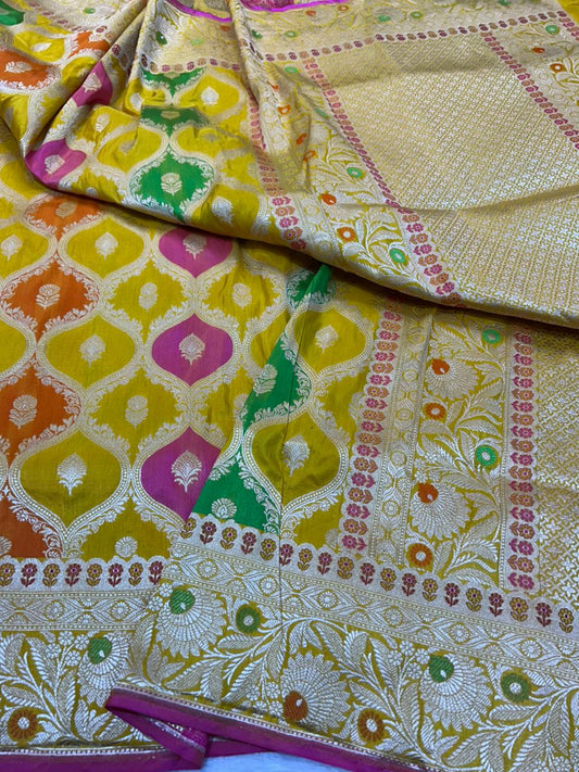 Bright Yellow Pure Katan Silk Banarasi Rungkaat Saree with Multi-Color Meenakari Jaal