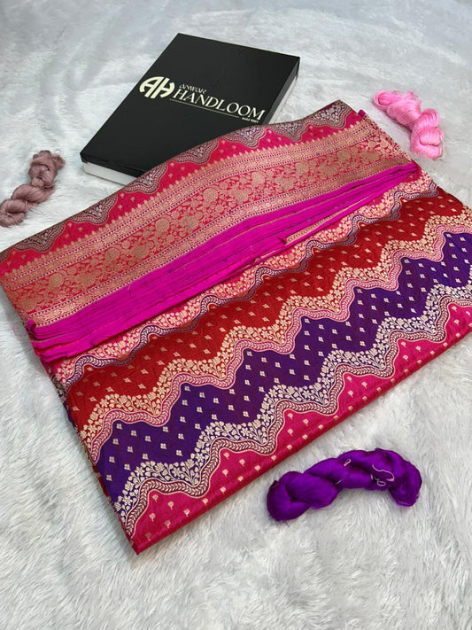 Magenta & Red Pure Katan Silk Banarasi Handloom Rungkaat Saree with Wavy Jaal
