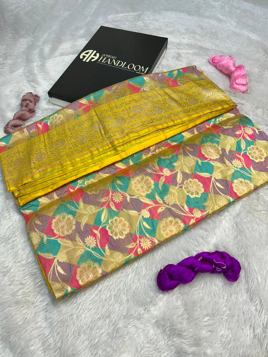 Multi-Color Pastel Pure Katan Silk Banarasi Handloom Rungkaat Saree with Diamond Jaal
