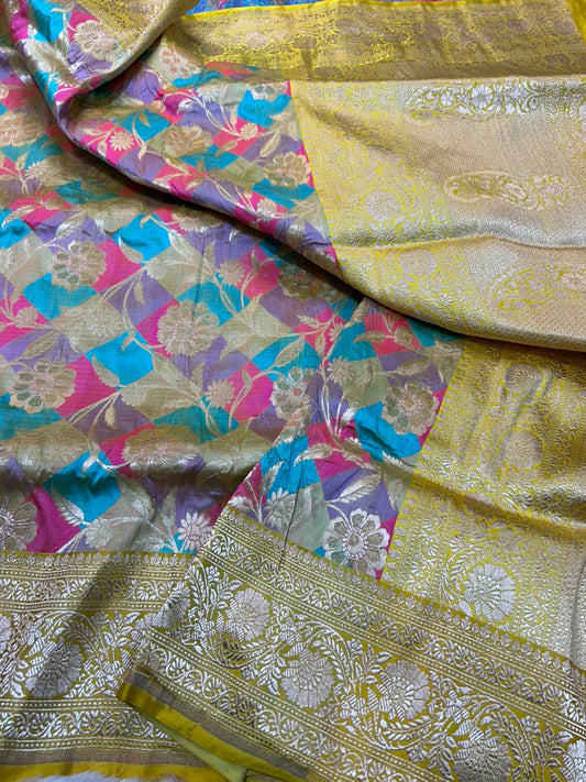 Multi-Color Pastel Pure Katan Silk Banarasi Handloom Rungkaat Saree with Diamond Jaal