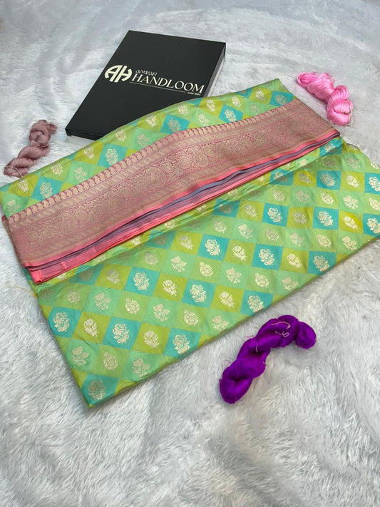 Pastel Green & Blue Pure Katan Silk Banarasi Handloom Rungkaat Saree with Diamond Jaal