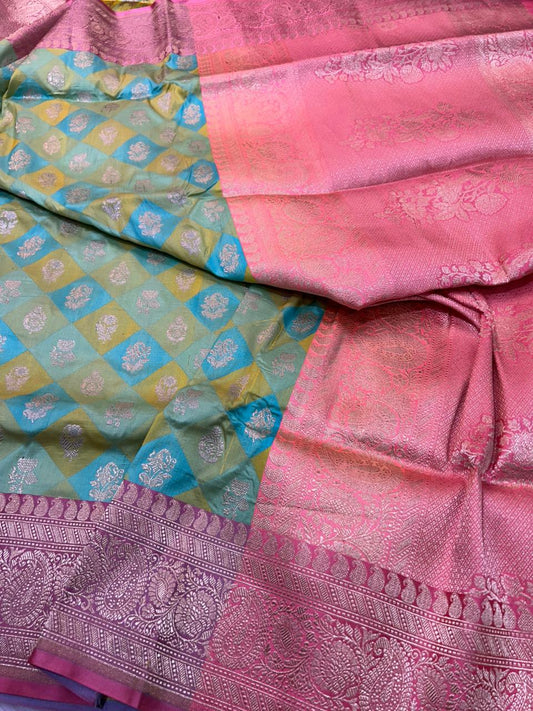 Pastel Green & Blue Pure Katan Silk Banarasi Handloom Rungkaat Saree with Diamond Jaal