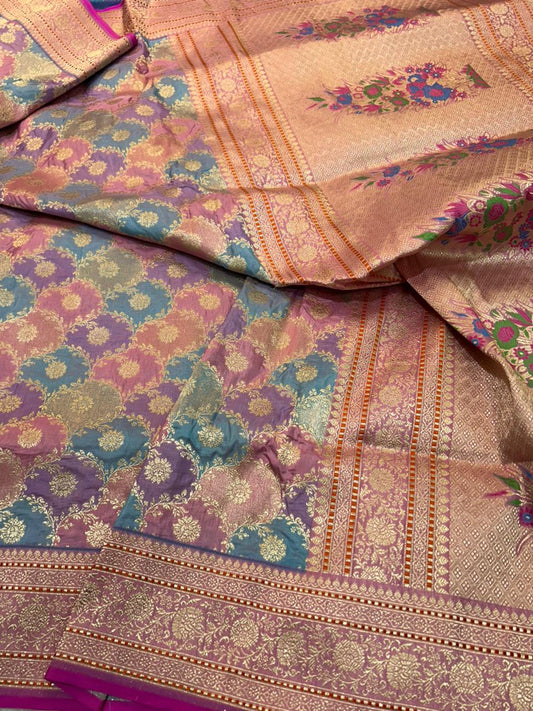Pastel Pink Pure Katan Silk Banarasi Saree with Multi-Color Meenakari Floral Jaal
