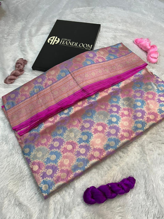 Pastel Pink Pure Katan Silk Banarasi Saree with Multi-Color Meenakari Floral Jaal