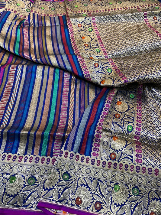 Royal Blue Pure Katan Silk Banarasi Rungkaat Saree with Multi-Color Stripes & Meenakari Border