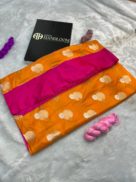 Mustard Yellow Pure Katan Silk Handloom Saree with Satin Border & Silver Zari Lotus Motifs