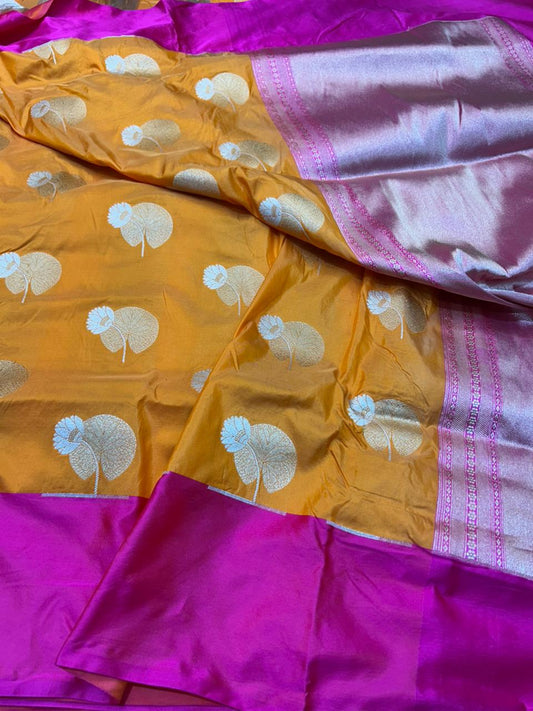 Mustard Yellow Pure Katan Silk Handloom Saree with Satin Border & Silver Zari Lotus Motifs
