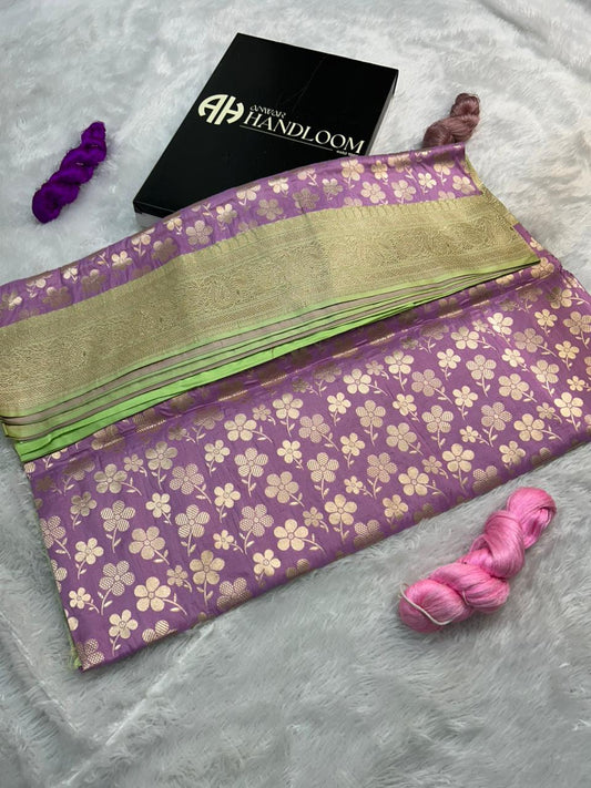 Mustard Yellow Pure Katan Silk Handloom Saree with Satin Border & Silver Zari Lotus Motifs