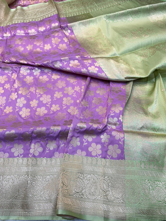 Mustard Yellow Pure Katan Silk Handloom Saree with Satin Border & Silver Zari Lotus Motifs