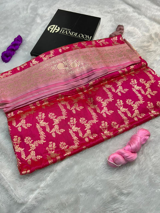 Hot Pink Pure Katan Silk Handloom Saree with Satin Border & Gold Zari Floral Creeper