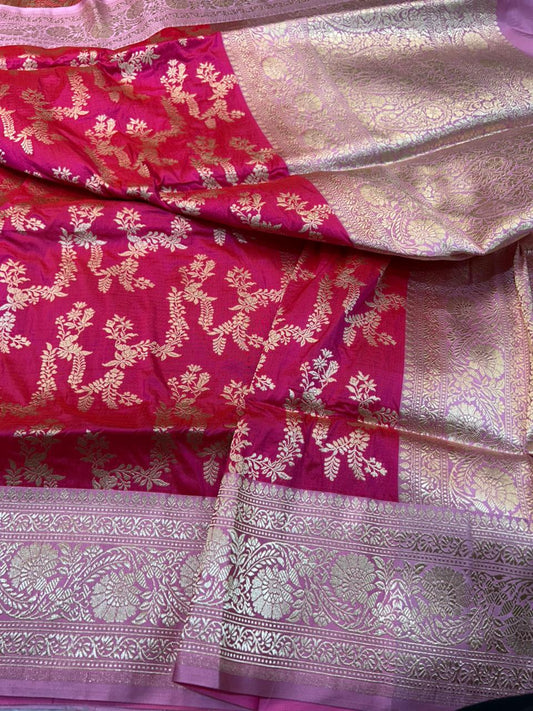 Hot Pink Pure Katan Silk Handloom Saree with Satin Border & Gold Zari Floral Creeper