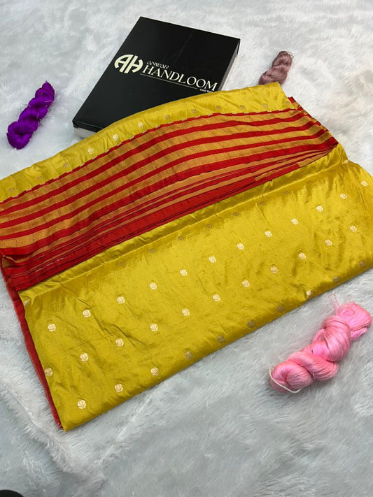 Lemon Yellow Pure Katan Silk Handloom Saree with Red Satin Border & Gold Buti