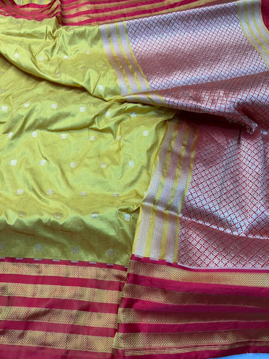 Lemon Yellow Pure Katan Silk Handloom Saree with Red Satin Border & Gold Buti